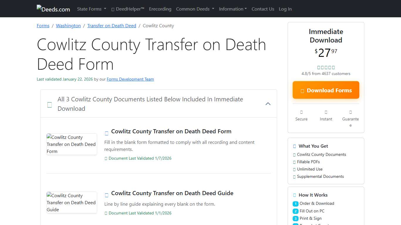 Cowlitz County Transfer on Death Deed Form Washington Deeds.com