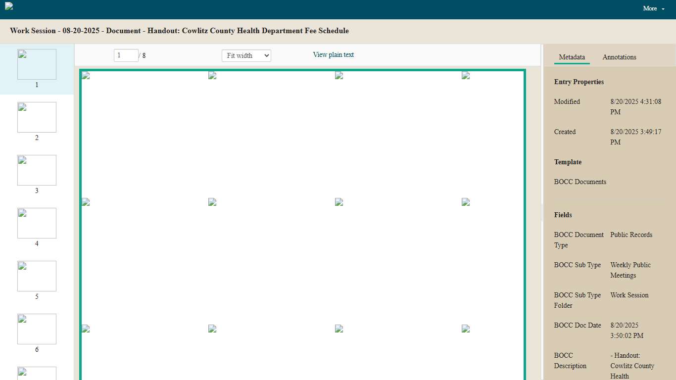 Work Session - 08-20-2025 - Document - Handout: Cowlitz County Health Department Fee Schedule