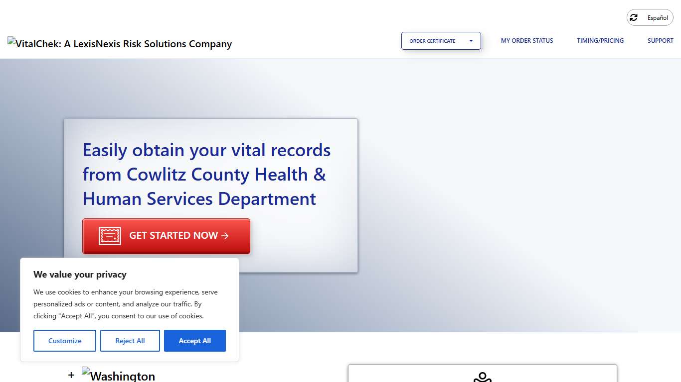 Cowlitz County Health & Human Services Department (WA) Order Certificates - VitalChek
