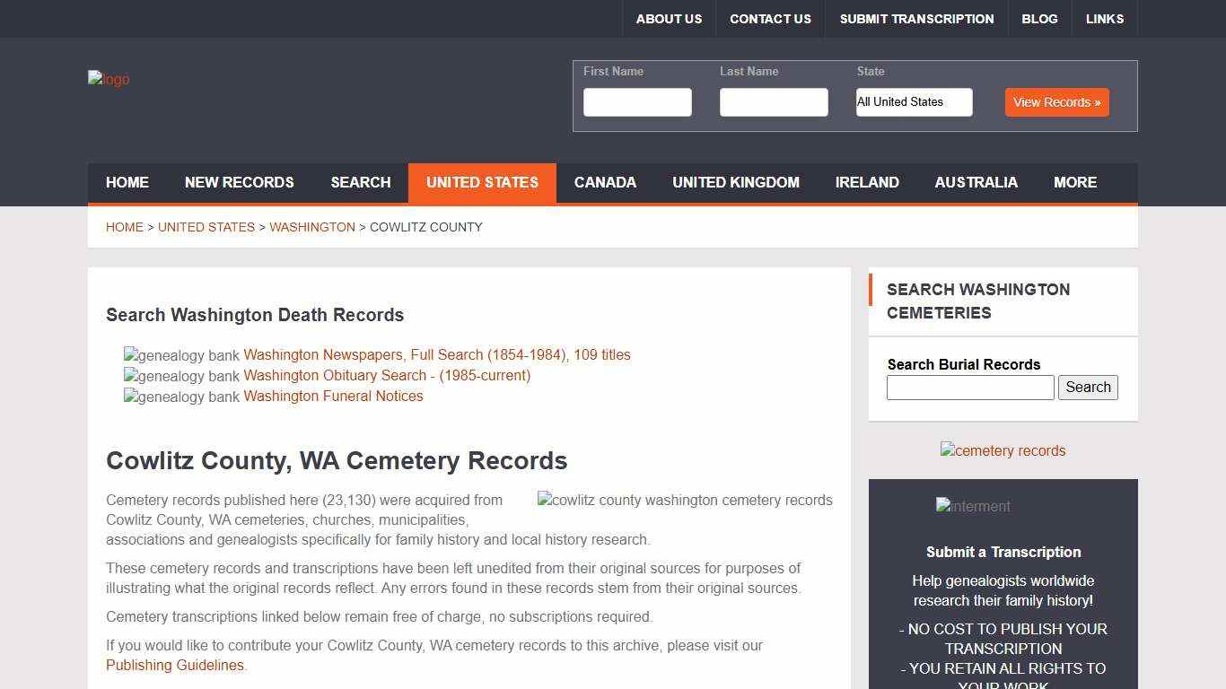 Cowlitz County, WA Cemetery Records Genealogy